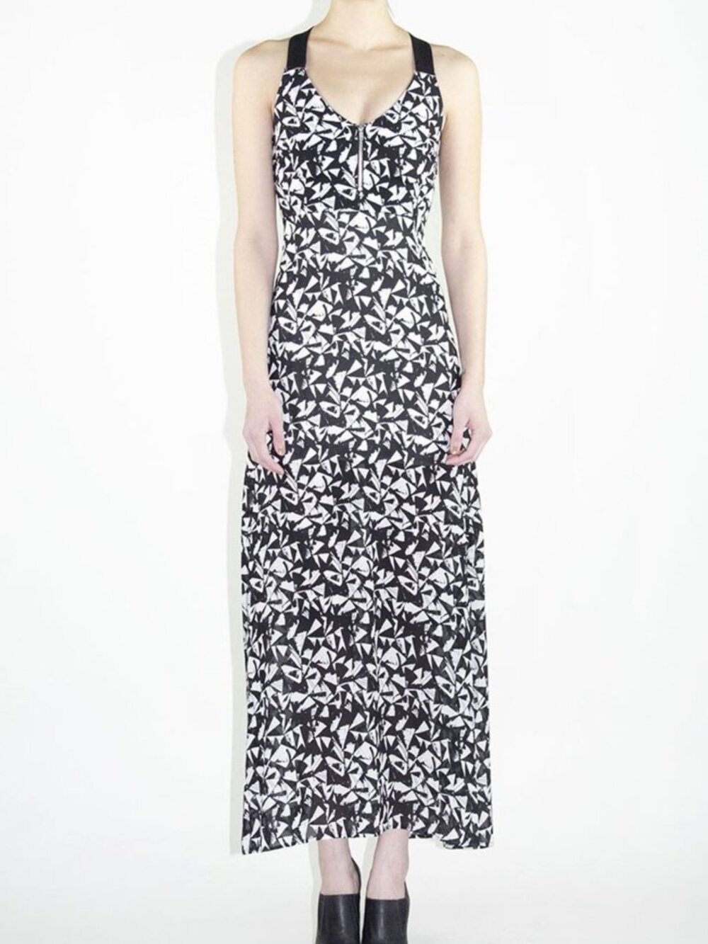 A.L.C. Patti Black & White Fan-Print Silk Zip Maxi Dress